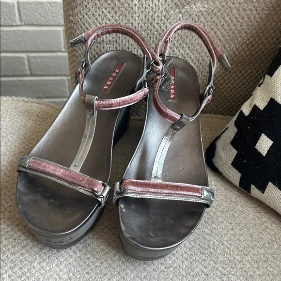PRADA Metallic & Velvet Wedge Sandals - Picture 6 of 10